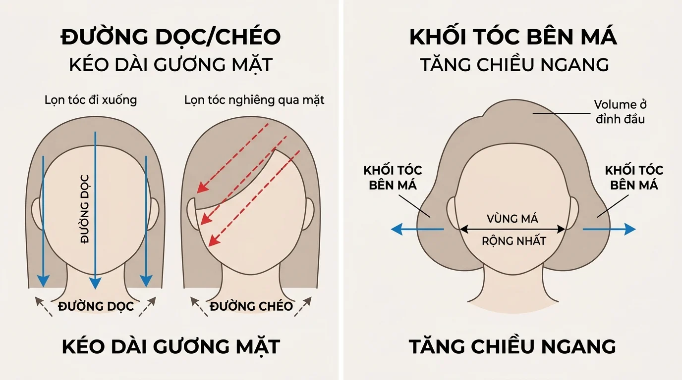 Sơ đồ minh họa tóc ngắn cho mặt tròn với đường rơi dọc, đường rơi chéo và khối tóc bên má làm thay đổi cảm giác gương mặt.