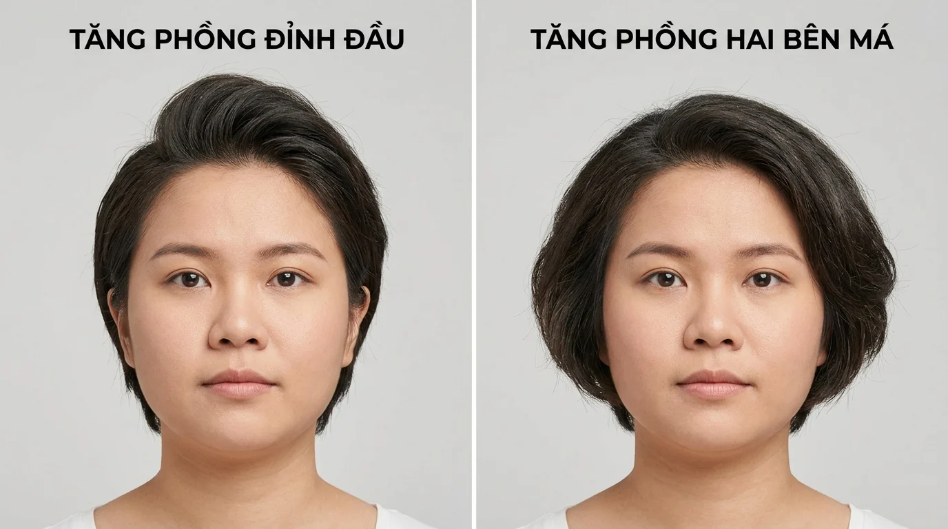Ảnh so sánh kiểu tóc ngắn cho mặt tròn với phồng ở đỉnh đầu và phồng hai bên má trên gương mặt phụ nữ