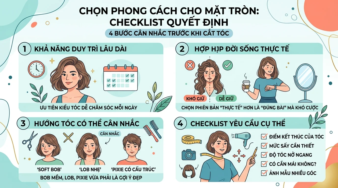 Infographic checklist về chọn phong cách cho mặt tròn với các gợi ý tóc ngắn cho mặt tròn, kèm biểu tượng đồng hồ, lịch, gương và máy sấy.
