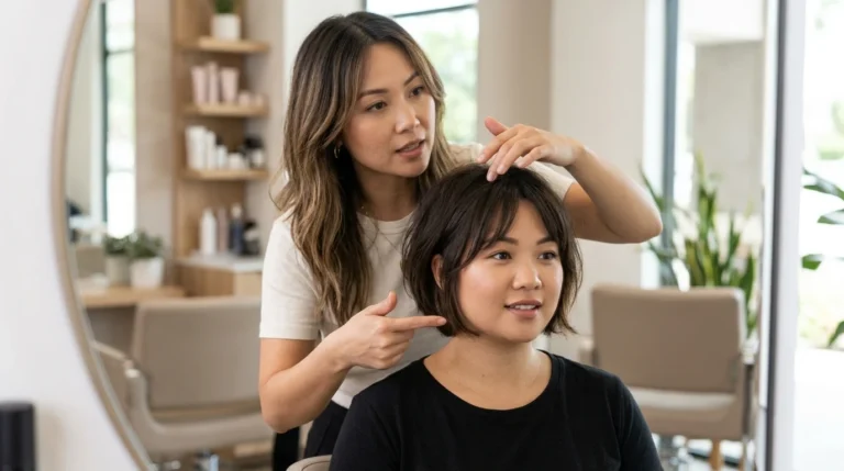 Người thợ làm tóc đang chỉ và chỉnh mái tóc ngắn cho một khách nữ trong tiệm salon sáng sủa.