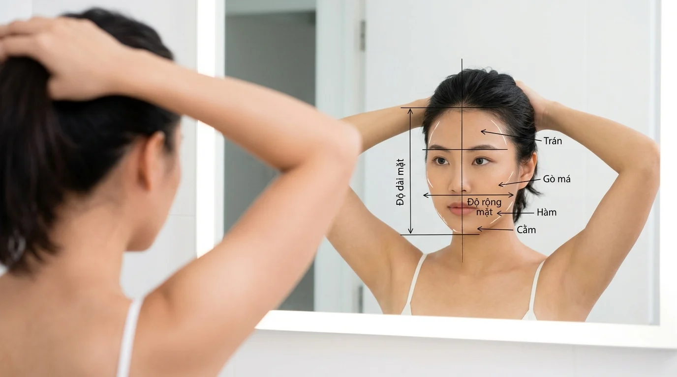 Người phụ nữ buộc tóc gọn ra sau, nhìn thẳng vào gương và so sánh các điểm trên khuôn mặt.