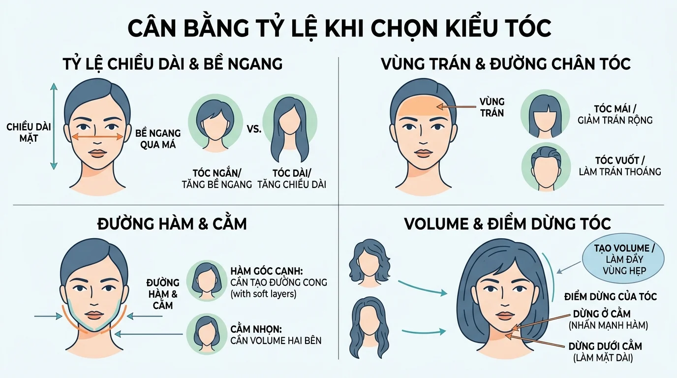 Infographic về kiểu tóc theo khuôn mặt, minh họa tỷ lệ mặt, trán, hàm và độ dài tóc bằng các hình vẽ người nữ.