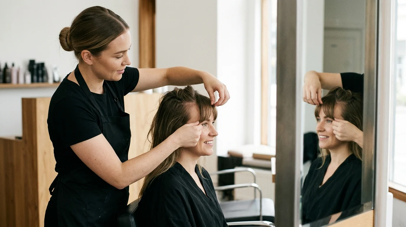 Một thợ làm tóc đang chỉnh mái cho khách nữ ngồi trước gương trong salon tóc.