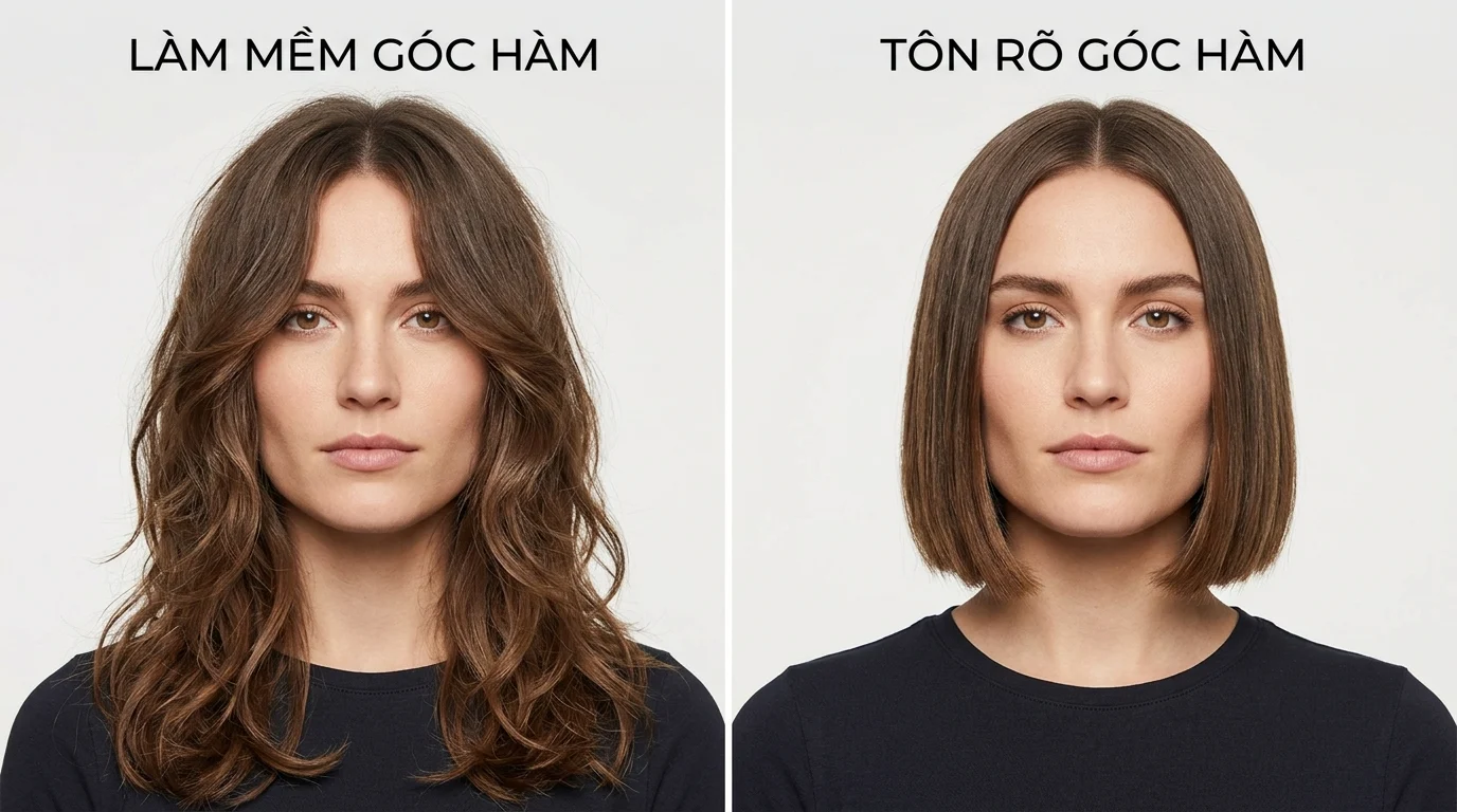 Hai chân dung cùng một phụ nữ với kiểu tóc theo khuôn mặt khác nhau: tóc dài gợn sóng và tóc bob thẳng, nền trắng.