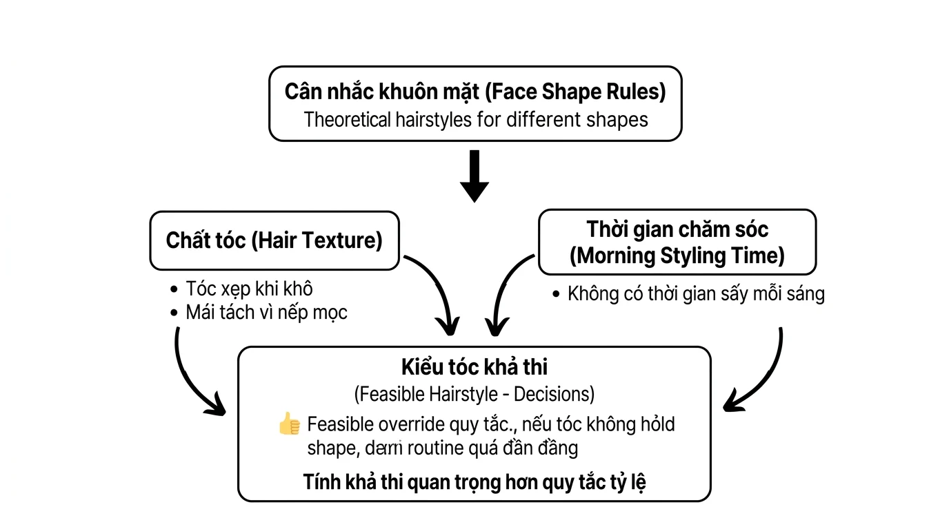 Sơ đồ về kiểu tóc theo khuôn mặt, chất tóc và thời gian chăm sóc dẫn đến kiểu tóc khả thi.