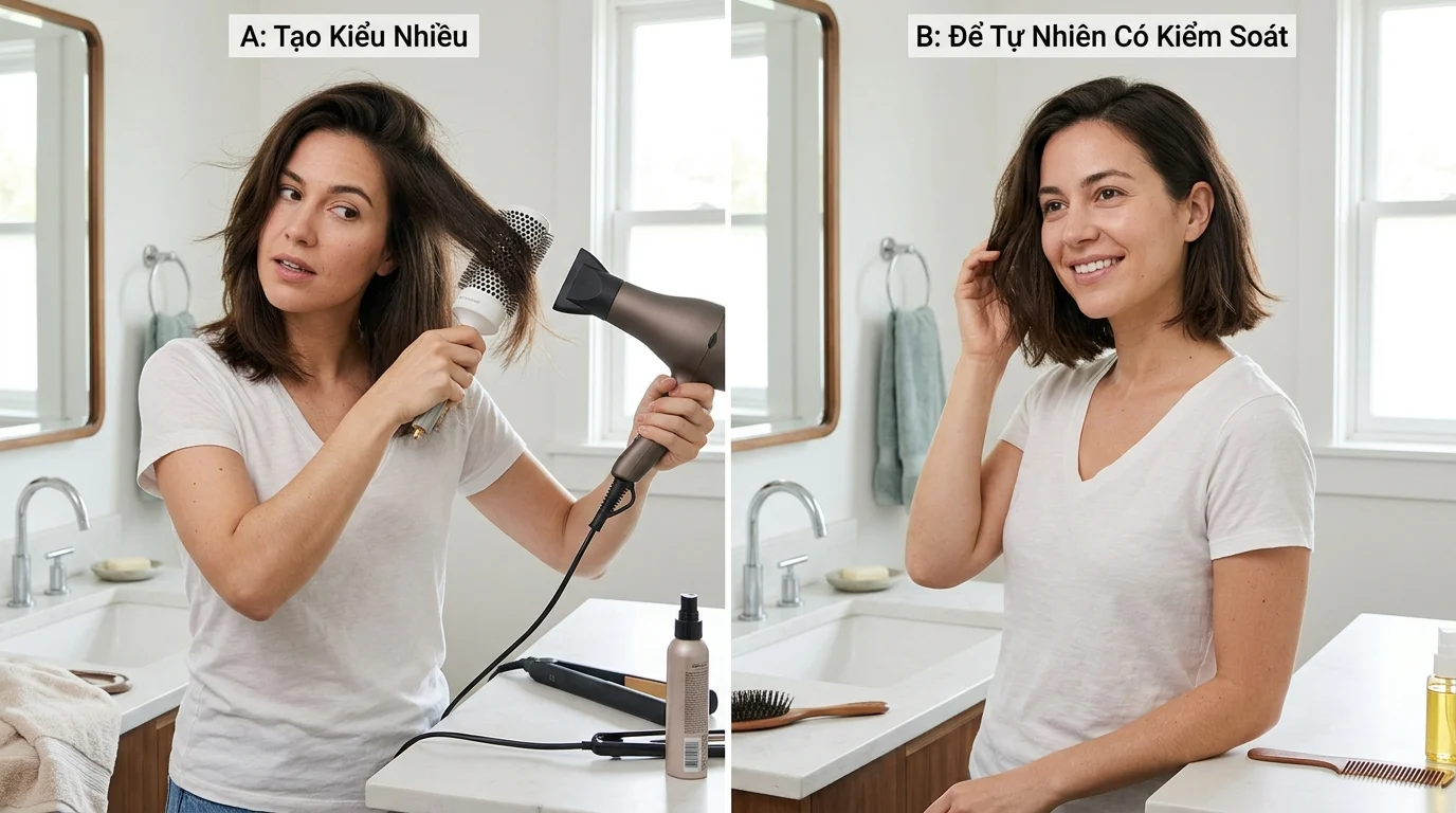 Người phụ nữ sấy và chải tóc ngắn trong phòng tắm sáng, bên cạnh hình tóc để tự nhiên hơn.