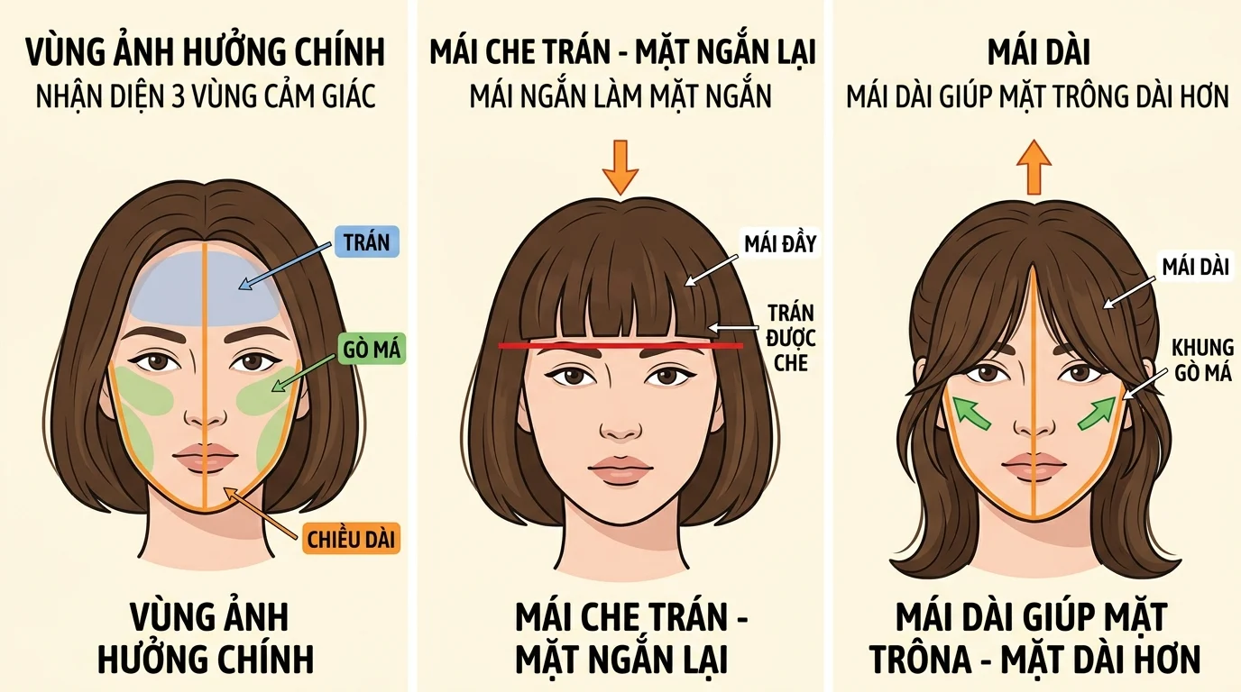 Ba khung minh họa gương mặt nữ với tóc mái khác nhau, đánh dấu trán, gò má và cảm giác chiều dài khuôn mặt.