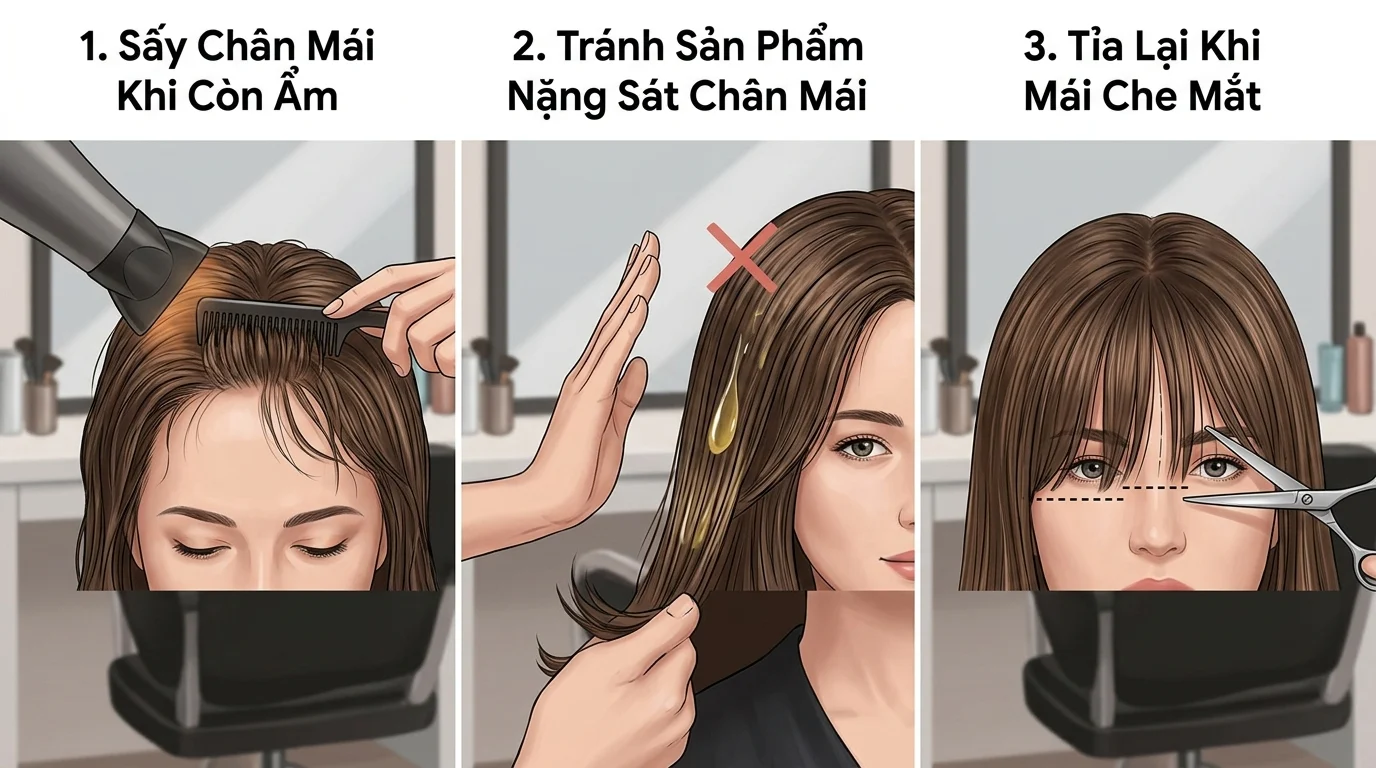 Ba ô minh họa cách chăm tóc mái theo khuôn mặt: sấy chân mái, tránh sản phẩm nặng sát chân mái và tỉa mái che mắt.