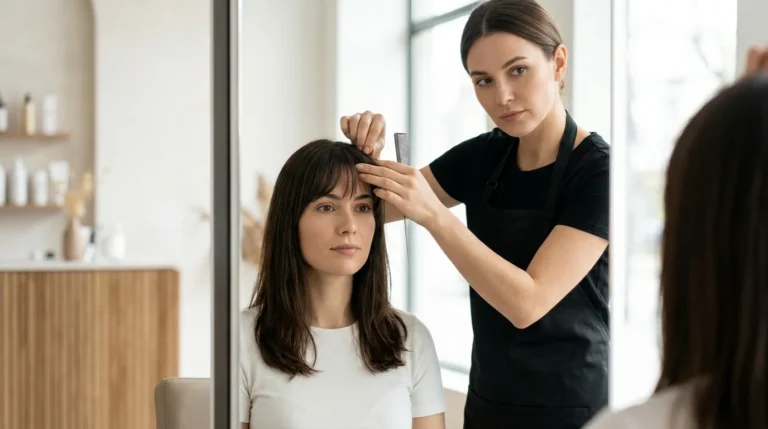 Stylist đang chỉnh tóc mái cho khách nữ trong salon, kiểm tra phần tóc trước trán trước gương lớn.