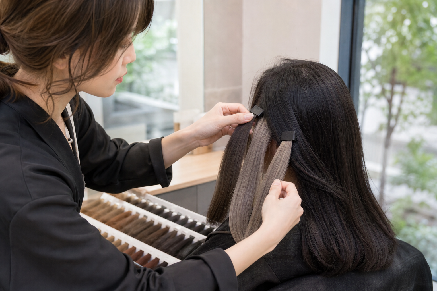 Nhân viên salon đang so sánh các lọn tóc mẫu trên mái tóc khách ngồi trước gương, trong không gian tiệm làm tóc.