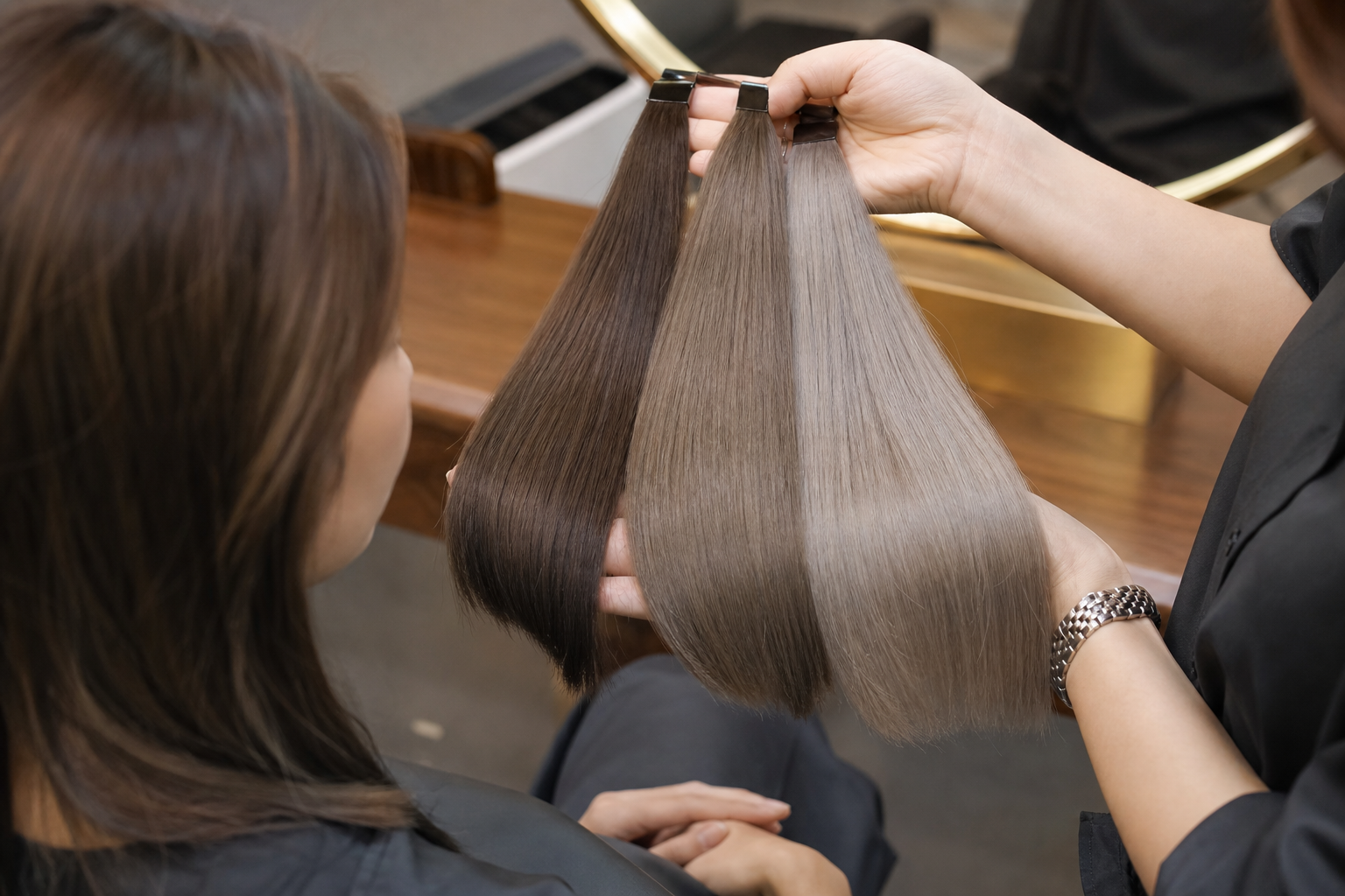Người thợ cầm ba lọn tóc màu nâu khói với các mức sáng khác nhau trong salon