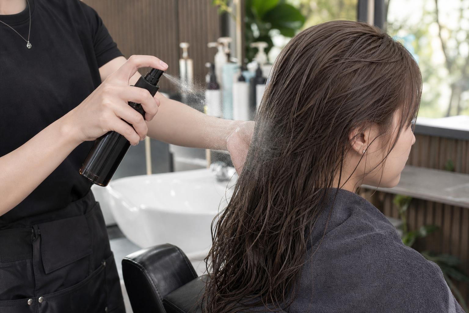 Thợ salon đang xịt sản phẩm lên tóc màu nâu khói ướt của khách ngồi ghế cắt tóc trong salon