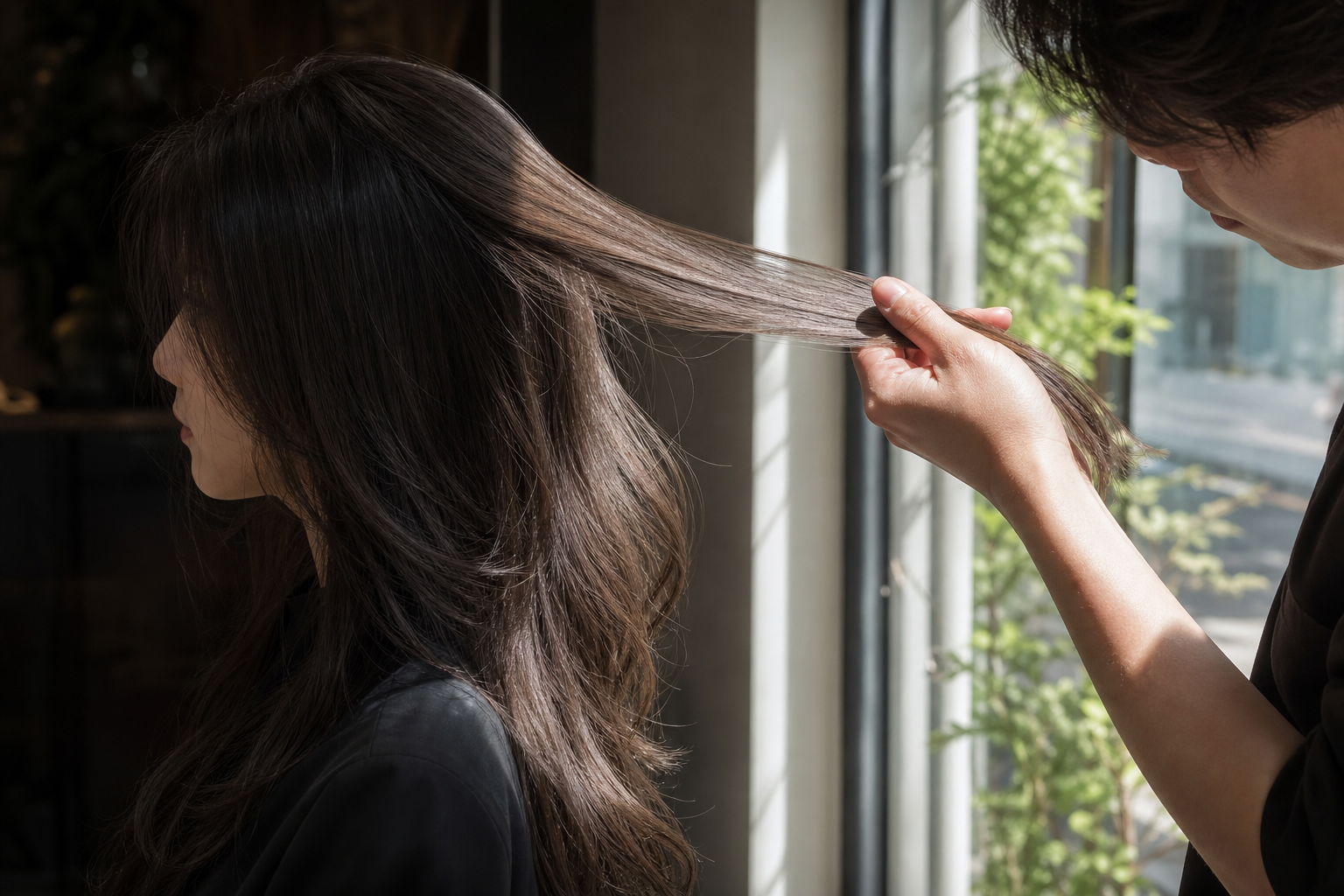 Người thợ đang kéo một lọn tóc nâu lạnh dưới ánh sáng cửa sổ, cho thấy màu tóc và độ bóng tự nhiên.