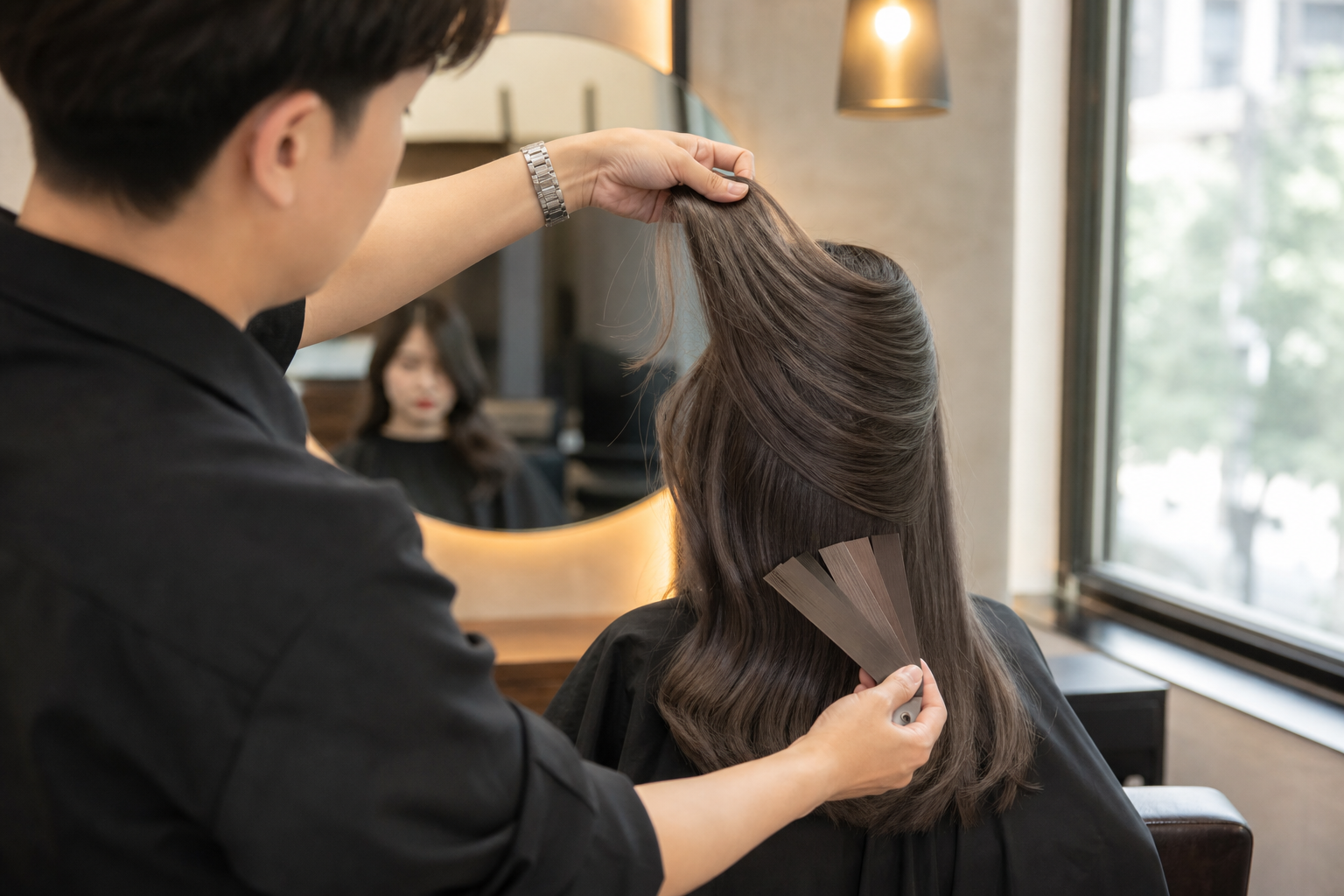 Thợ làm tóc đang nâng một lọn tóc nâu lạnh của khách trong salon và cầm bảng màu so sánh bên cạnh mái tóc.