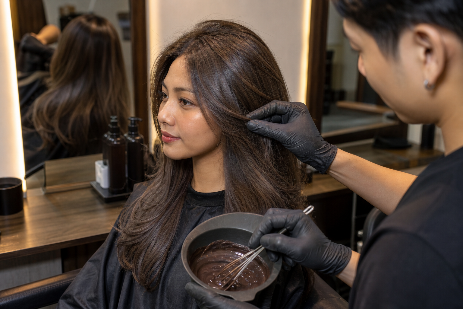 Khách hàng ngồi ở salon tóc, được thợ kiểm tra và chuẩn bị thuốc nhuộm tóc màu nâu lạnh trước gương