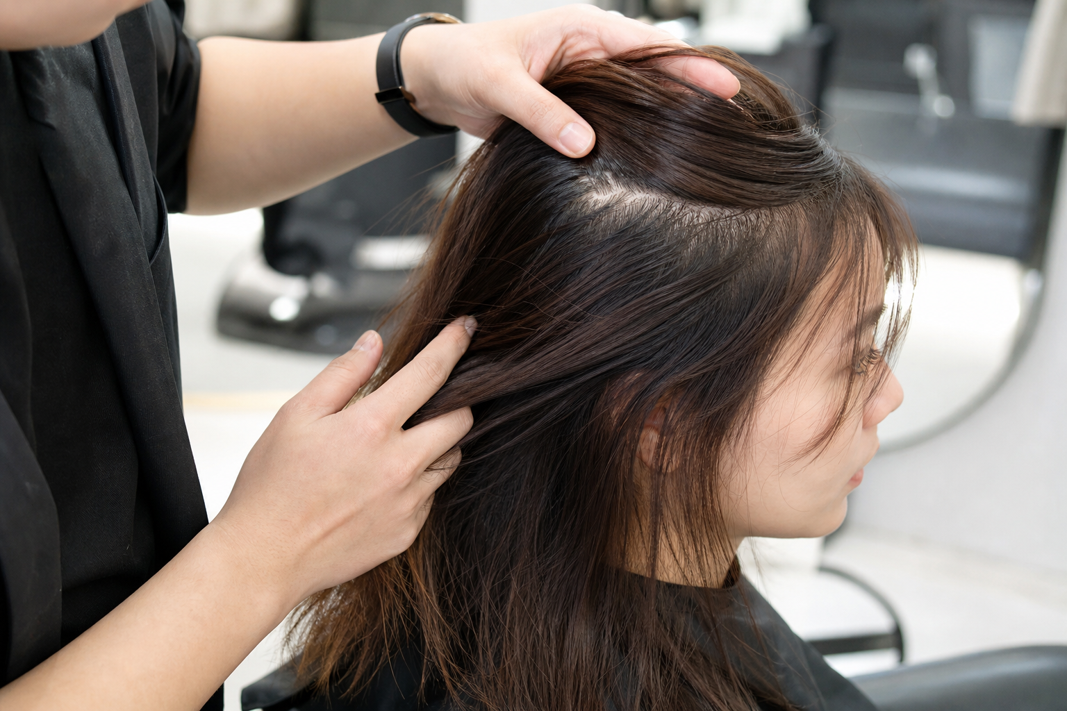 Người thợ đang vén tóc khách trong salon, lộ rõ phần da đầu và sợi tóc mảnh ở một bên đầu