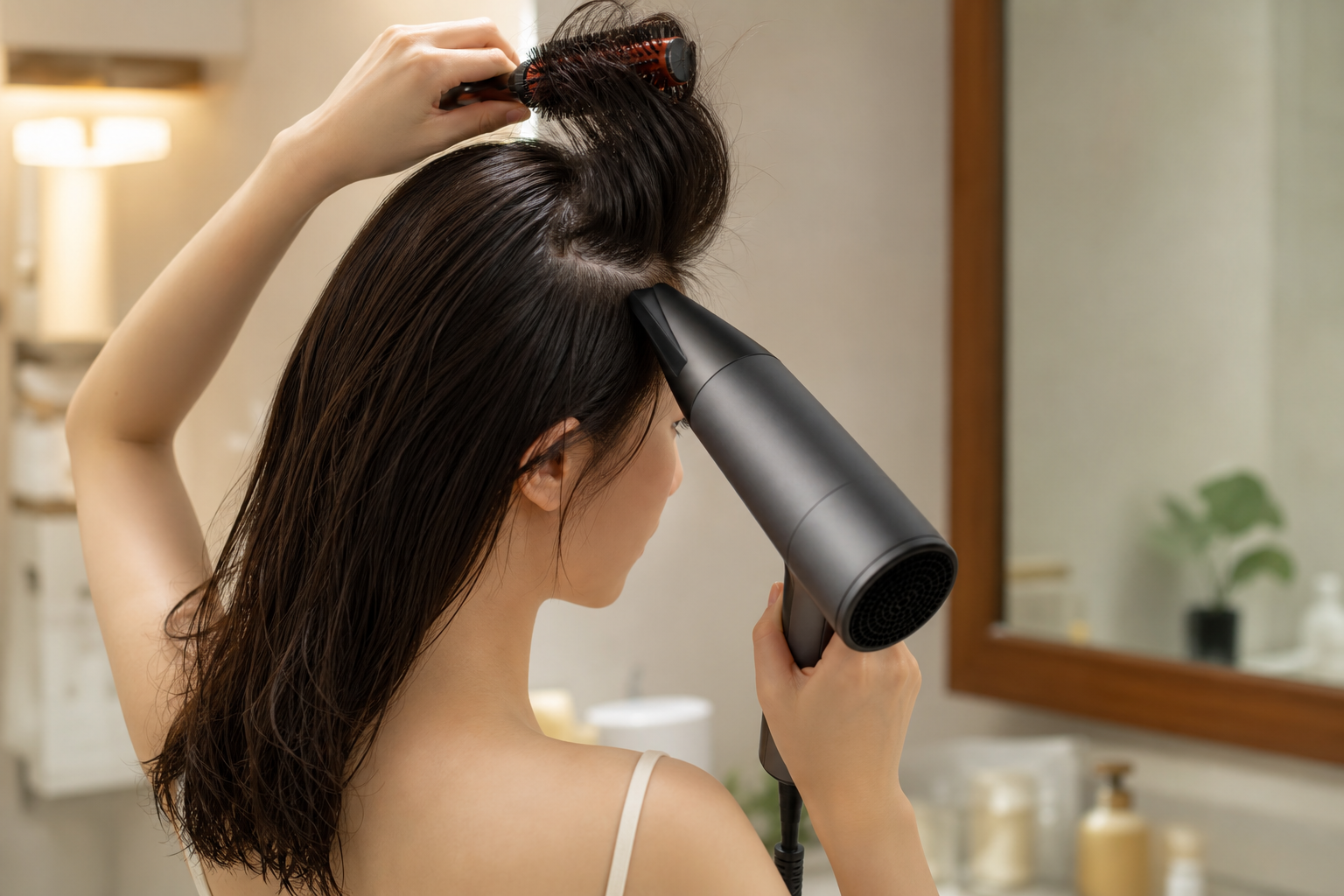 Người phụ nữ đang sấy tóc bằng máy sấy và dùng lược tròn nâng phần chân tóc trong phòng tắm