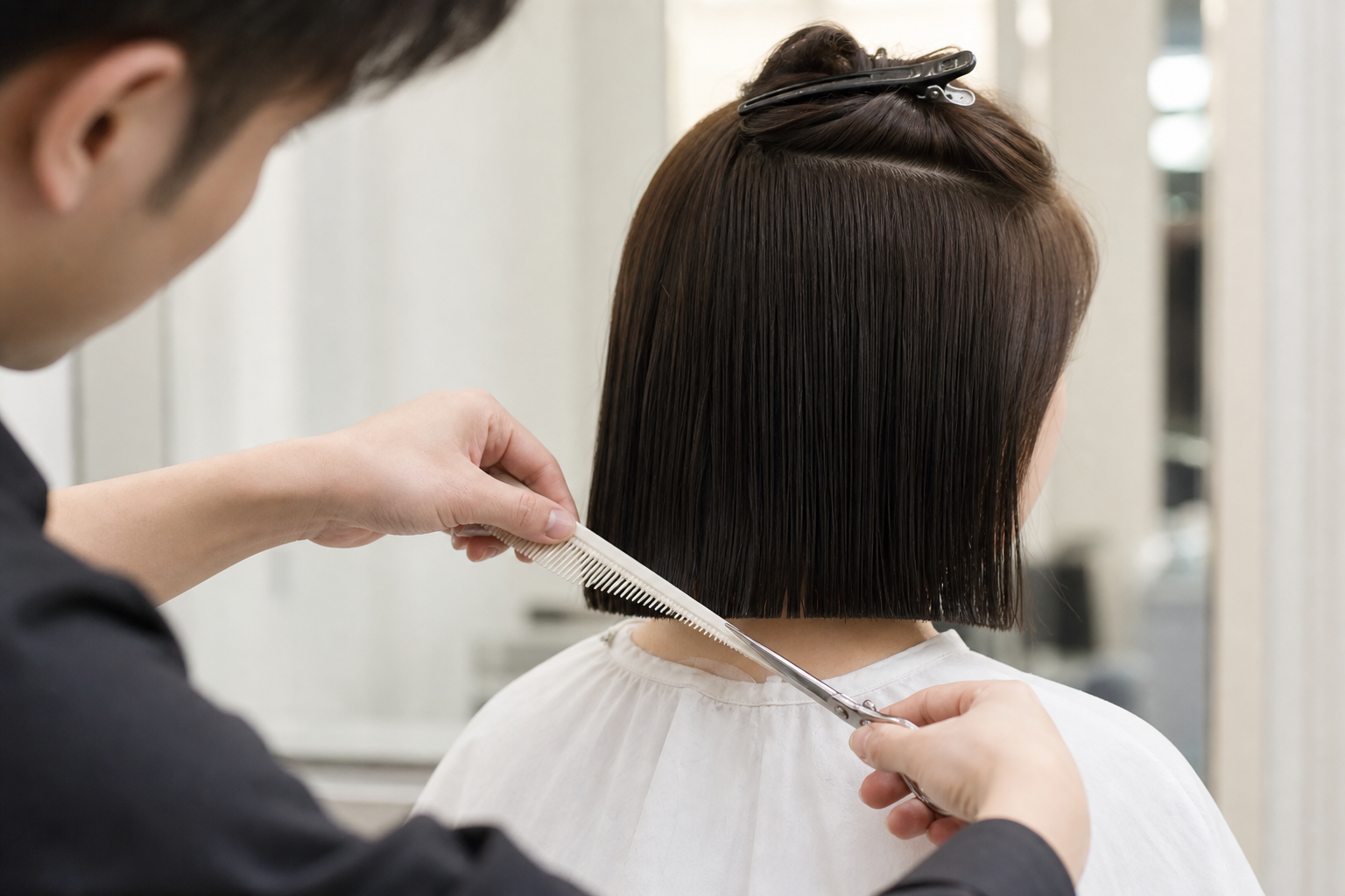 Thợ cắt tóc đang cắt phần đuôi mái tóc ngắn thẳng của khách trong salon