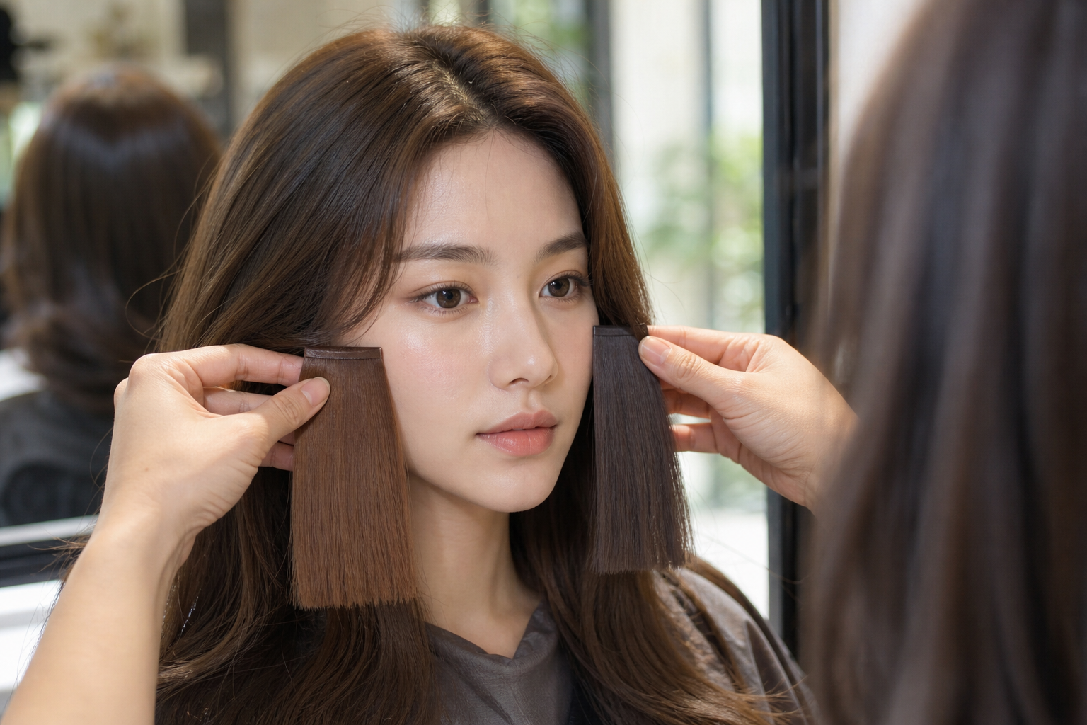 Người phụ nữ soi gương khi được so sánh các mẫu tóc nâu đặt hai bên má để chọn màu phù hợp.