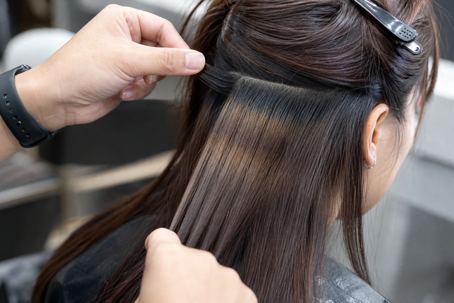 Thợ tóc đang vén lớp tóc để kiểm tra nền tóc nâu của khách trong salon