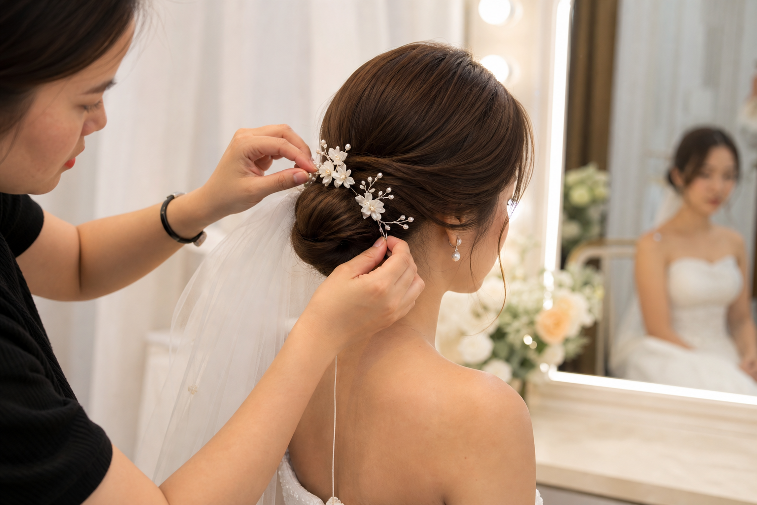 Thợ đang gắn phụ kiện hoa trắng lên kiểu tóc búi thấp của cô dâu trong phòng trang điểm