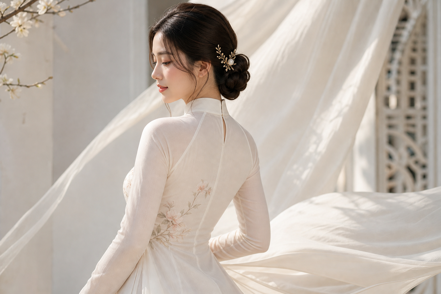 Người phụ nữ mặc áo dài trắng, tóc búi thấp gọn với trâm cài, đứng nghiêng trong không gian sáng nhẹ
