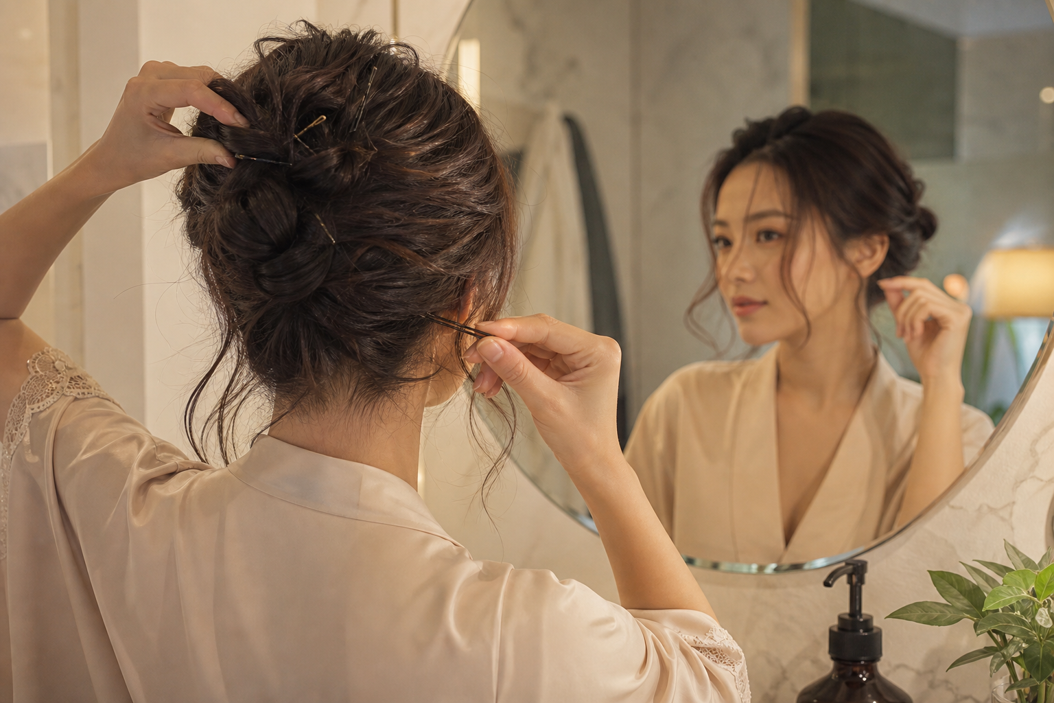 Người phụ nữ đang tháo ghim và gỡ tóc búi trước gương, trong không gian phòng tắm hoặc bàn trang điểm với ánh sáng ấm.