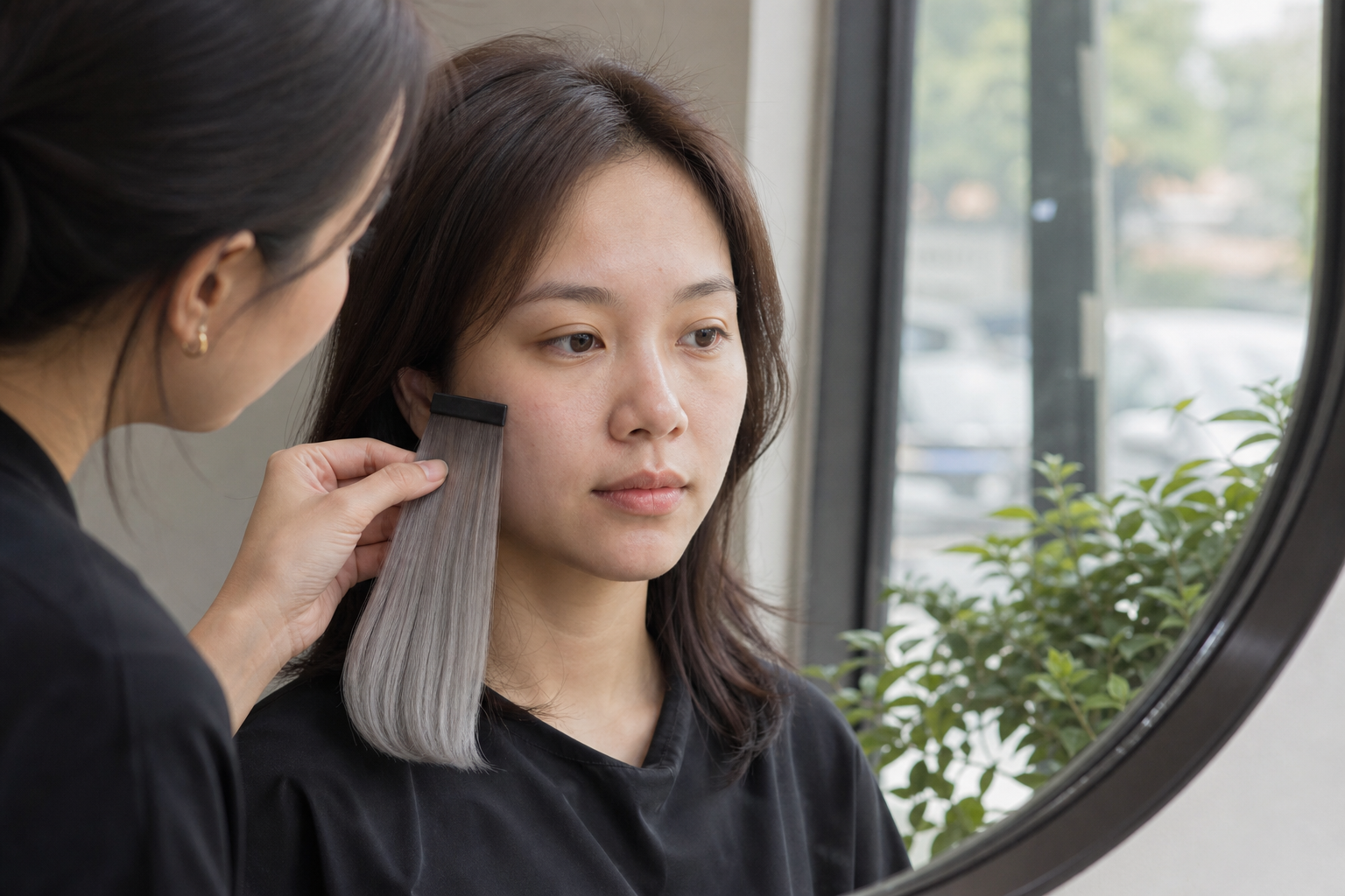 Một người đang áp lọn tóc xám khói giả lên má cô gái để so màu da dưới ánh sáng tự nhiên