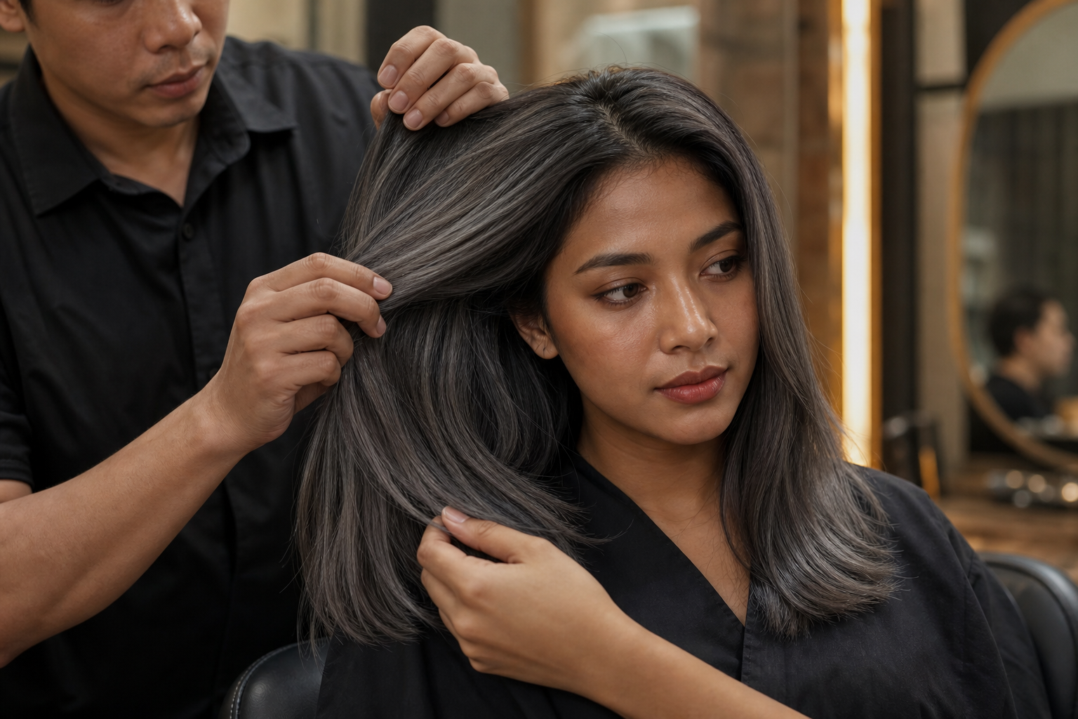 Thợ làm tóc đang nâng và vuốt mái tóc xám khói dài của khách ngồi trong salon