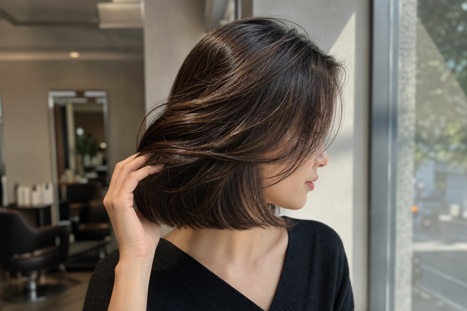 Người phụ nữ tóc ngắn nâu sẫm đứng cạnh cửa sổ trong không gian salon, tạo vẻ bóng mượt tự nhiên.