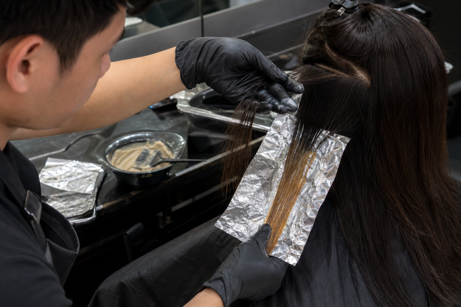 Thợ làm tóc đang nâng nền một lọn tóc bằng giấy bạc và thuốc nhuộm trong salon