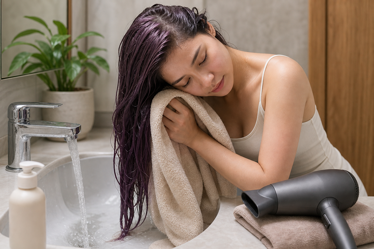 Người phụ nữ tóc nhuộm tím đang lau khô tóc bằng khăn cạnh chậu rửa, bên cạnh có máy sấy tóc và chai chăm sóc tóc