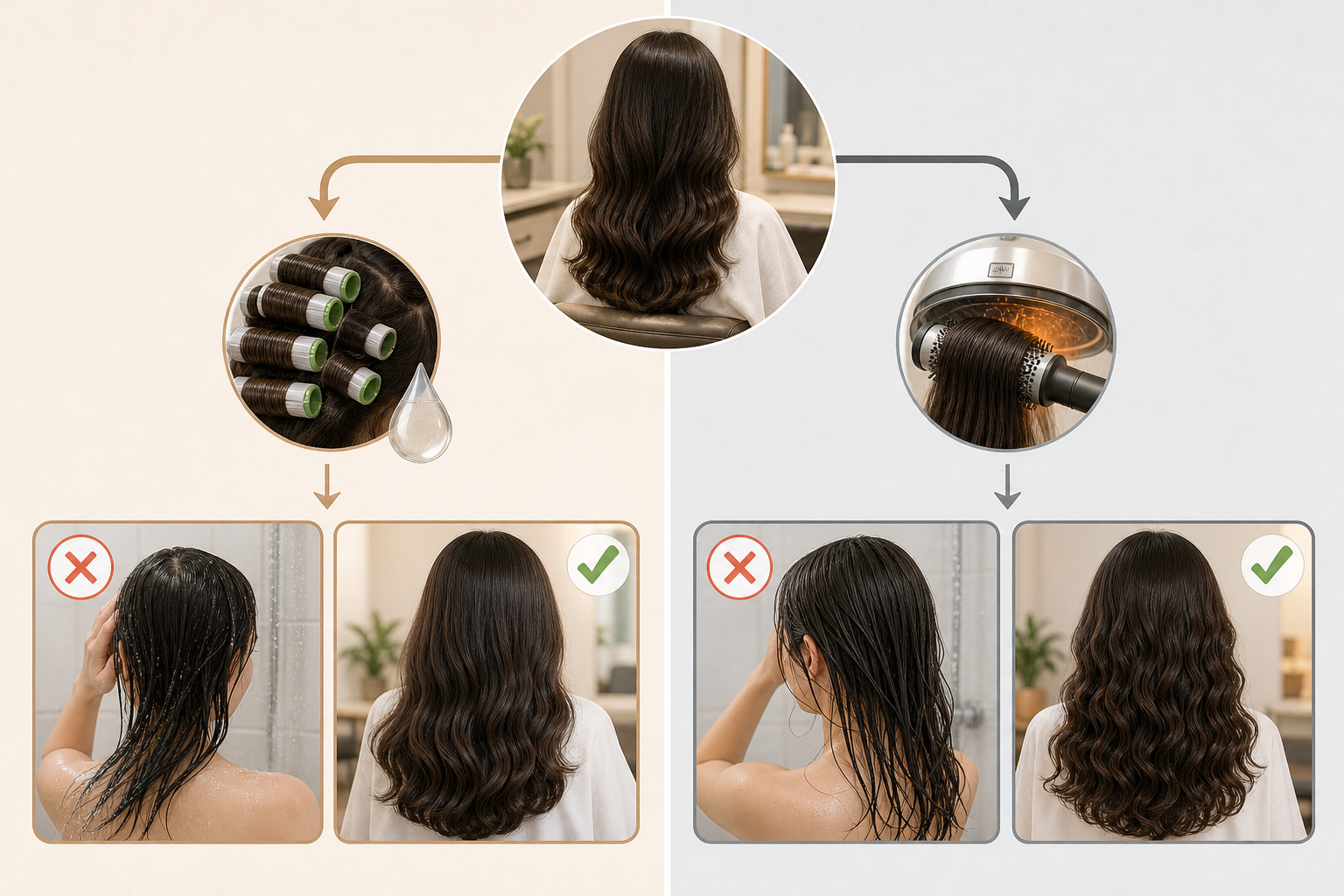 Sơ đồ so sánh bấm tóc bao lâu mới được gội đầu, với tóc ướt bị đánh dấu sai và tóc gợn sóng sau khi làm được đánh dấu đúng.