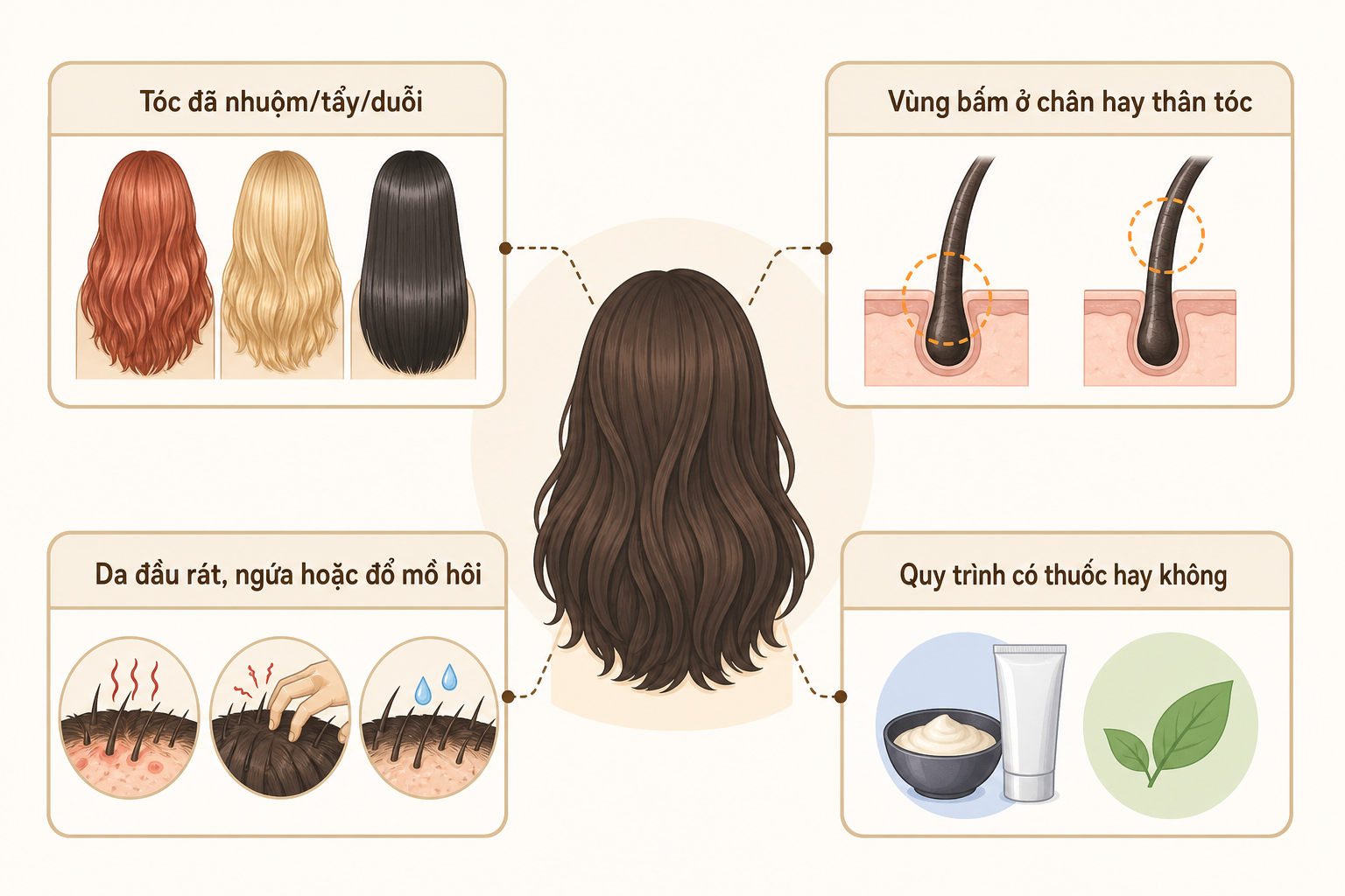 Sơ đồ minh họa các yếu tố ảnh hưởng đến bấm tóc bao lâu mới được gội đầu, gồm loại tóc, vùng bấm và tình trạng da đầu.