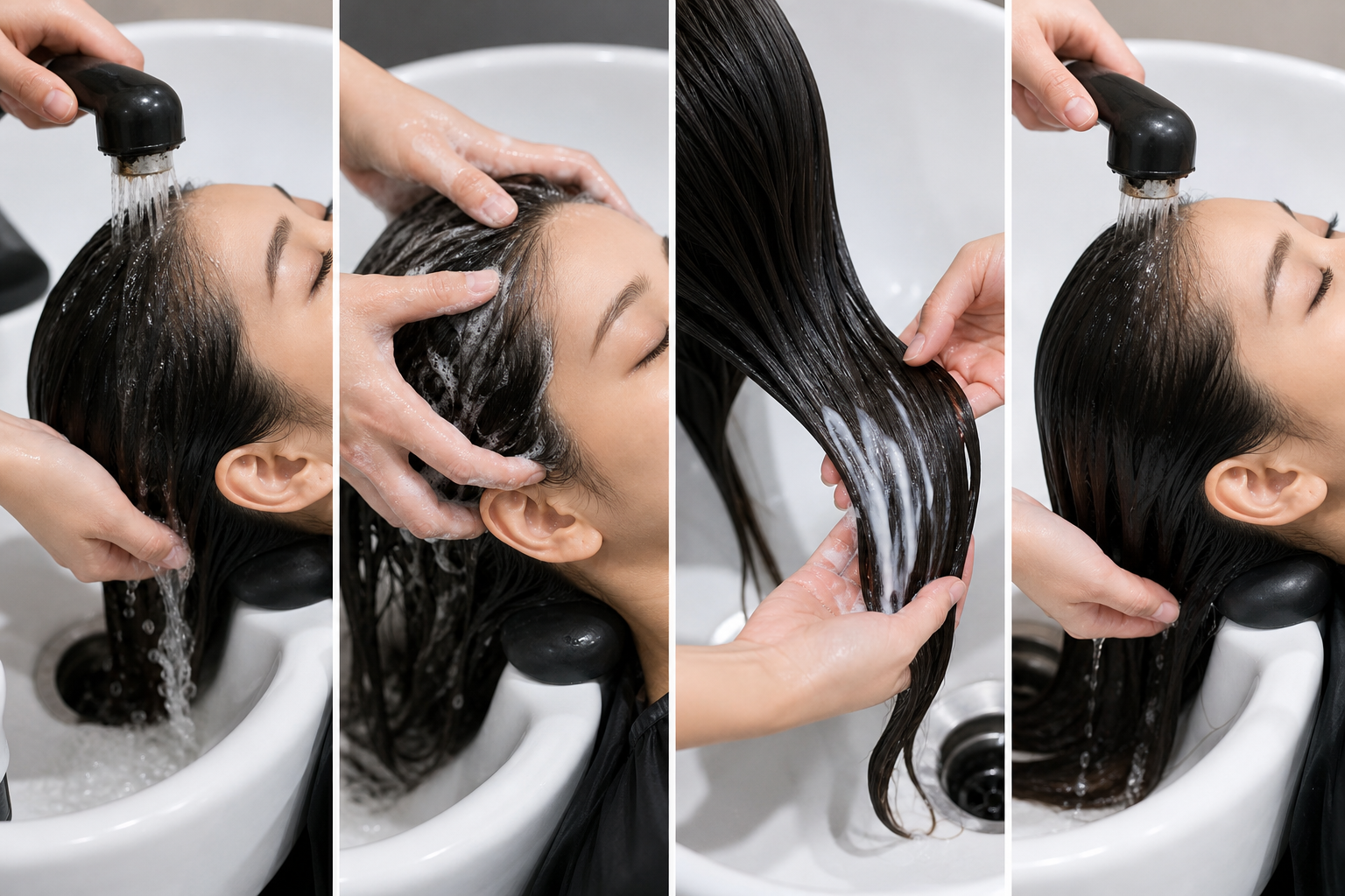 Người thợ đang xả nước và vuốt tóc cho khách nằm tại bồn gội, tóc ướt và có bọt dầu gội