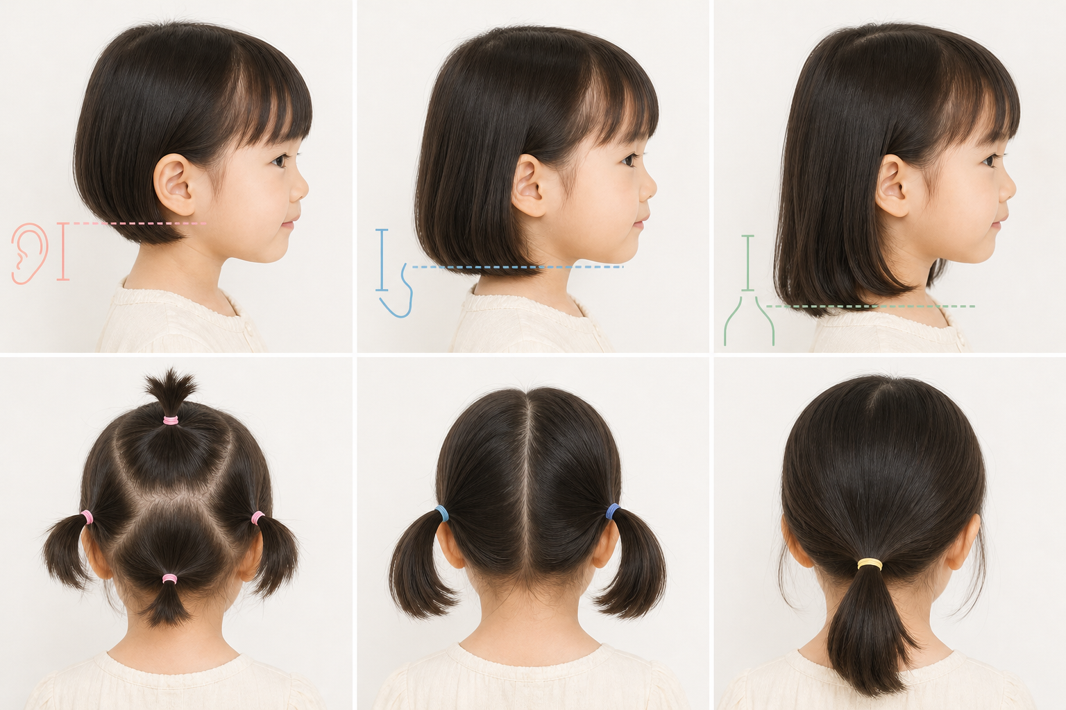 Bé gái tóc ngắn nhìn nghiêng và phía sau, kèm các kiểu buộc tóc thấp, tóc tết buộc và hai chùm nhỏ trên nền sáng.