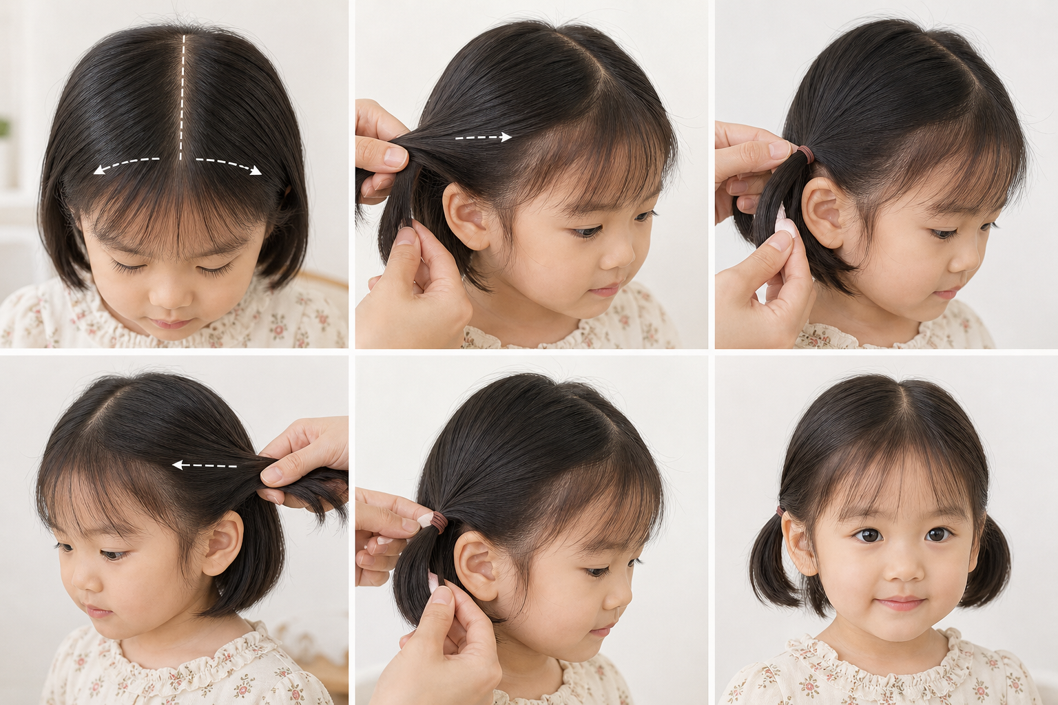 Cách buộc tóc đẹp cho bé gái tóc ngắn với hai chùm nhỏ hai bên, tóc được chia ngôi giữa và buộc gọn sát tai.