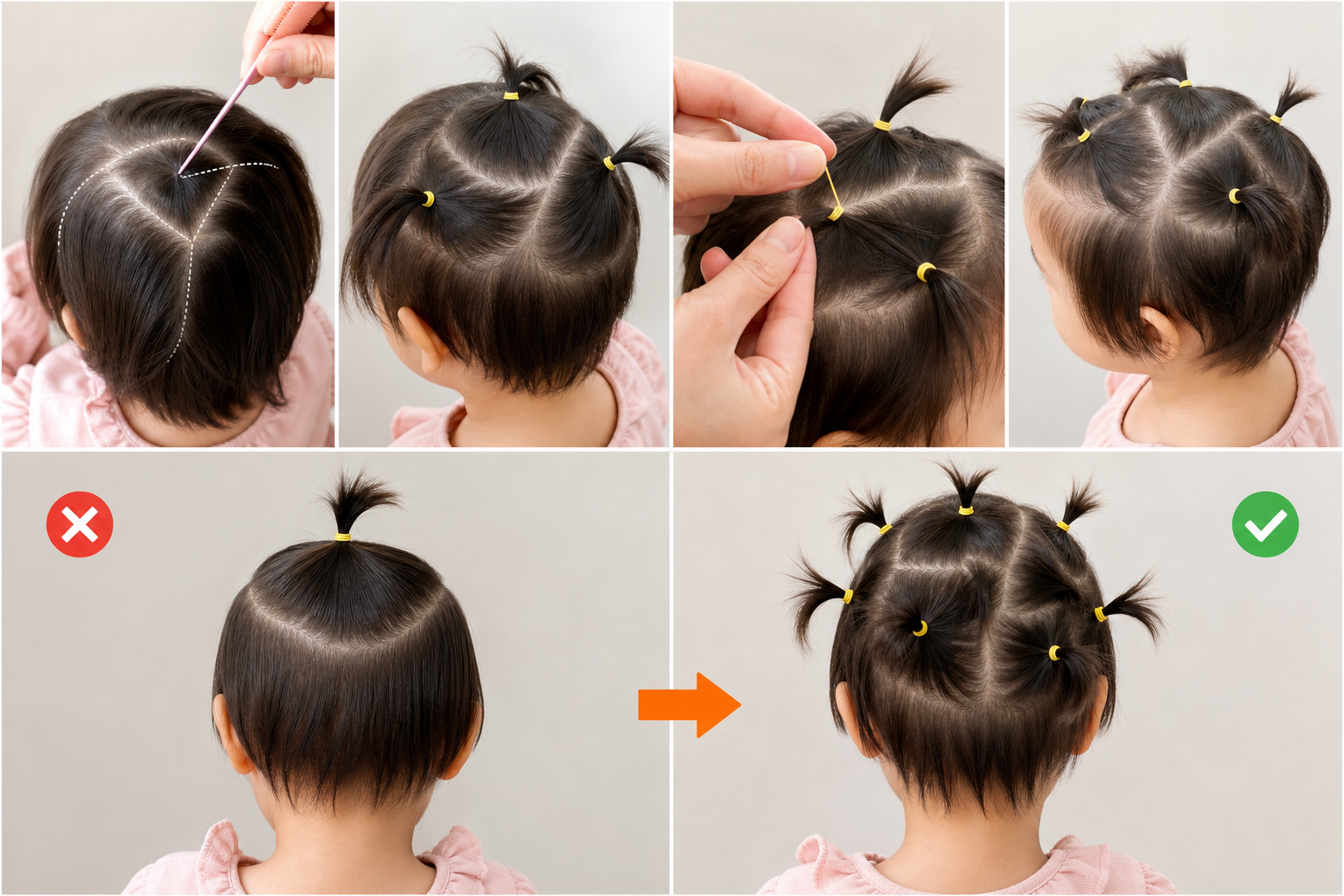 Tóc ngắn của bé gái được chia thành nhiều chùm nhỏ và buộc bằng dây thun vàng, cách buộc tóc đẹp cho bé gái tóc ngắn