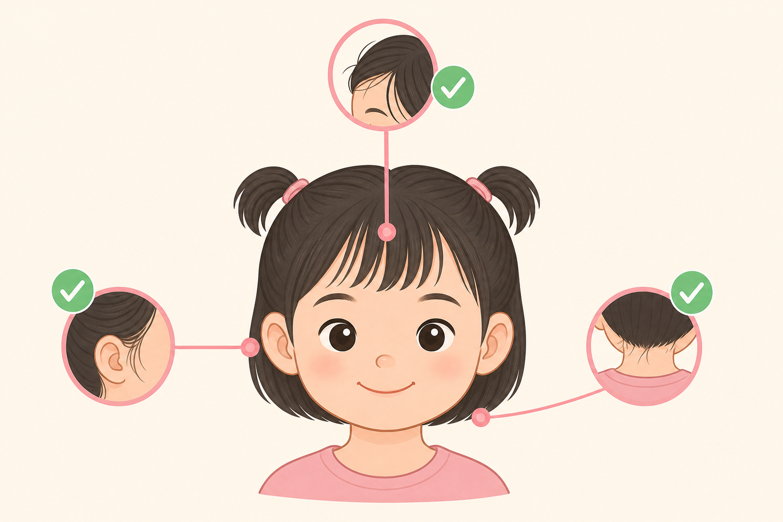 Tranh minh họa bé gái tóc ngắn buộc hai chỏm, kèm các vòng tròn chỉ chi tiết tóc mái, tai và gáy được gọn gàng.
