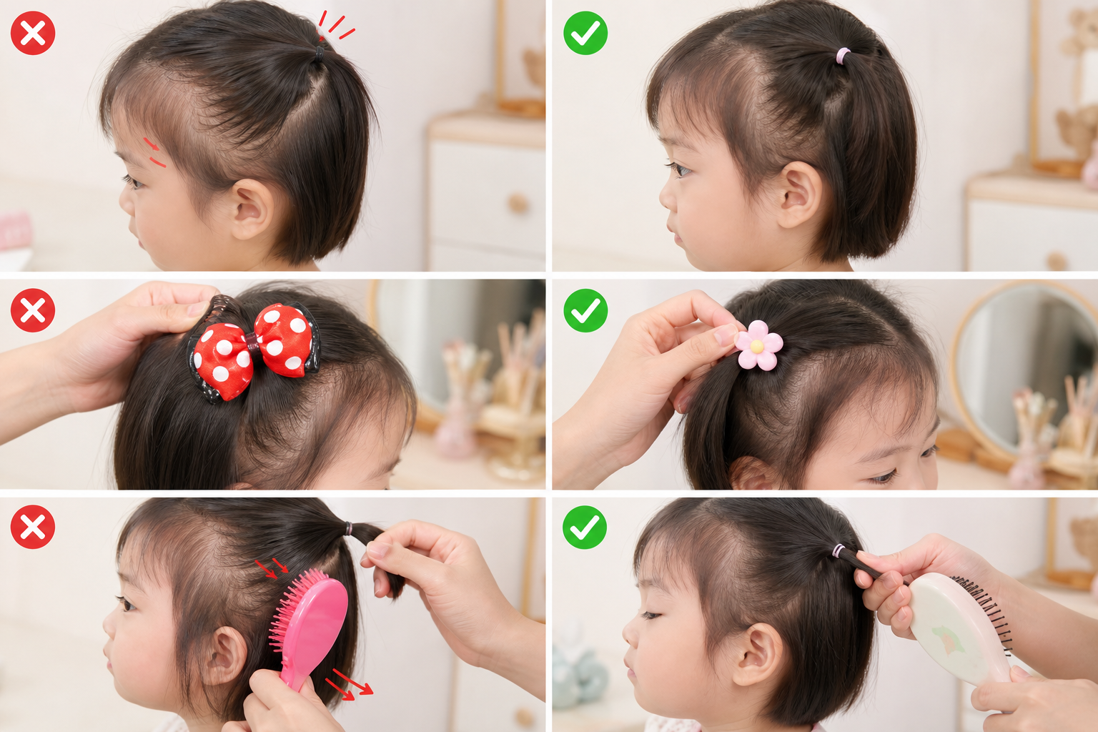 So sánh cách buộc tóc đẹp cho bé gái tóc ngắn với kiểu buộc gọn và kiểu búi phụ kiện trên đầu bé