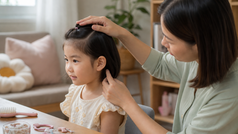 Người mẹ đang buộc tóc đẹp cho bé gái tóc ngắn trong phòng khách, bên cạnh bàn có lược và dây buộc tóc