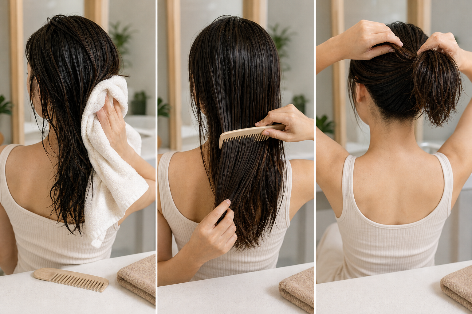 Người phụ nữ lau tóc ướt bằng khăn, chải tóc và gom tóc phía sau đầu trước khi buộc tóc trong phòng tắm.