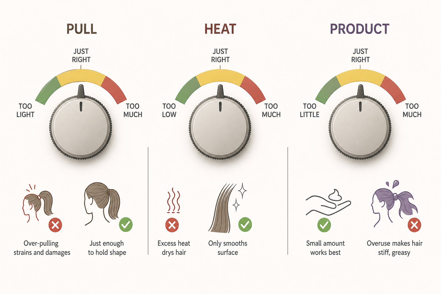 Ba đồng hồ chỉ mức pull, heat và product với vùng xanh, vàng, đỏ, kèm biểu tượng tóc và dấu kiểm, dấu X.