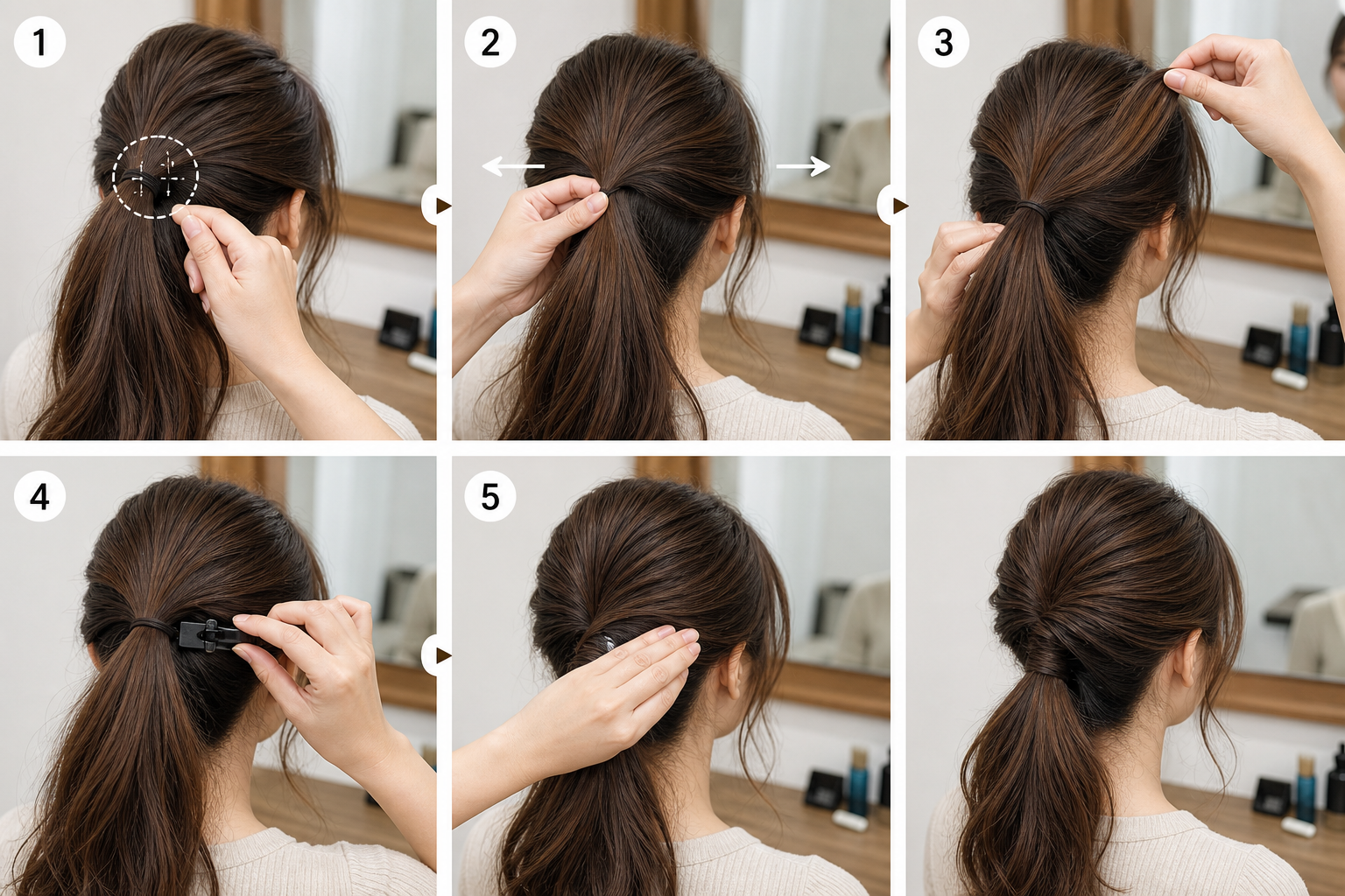 Các bước buộc tóc đuôi ngựa thấp với tay chỉnh độ căng và cố định bằng kẹp tóc phía sau đầu