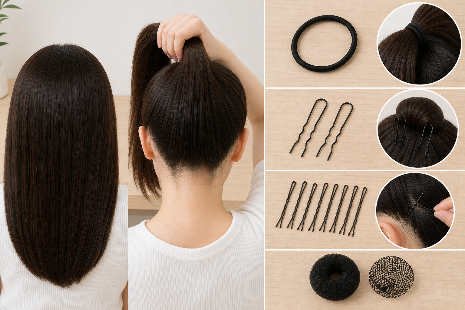 Người phụ nữ đang gom tóc dài lên cao và bên cạnh là các dụng cụ búi tóc như dây buộc, kẹp tăm, lưới và đệm búi.