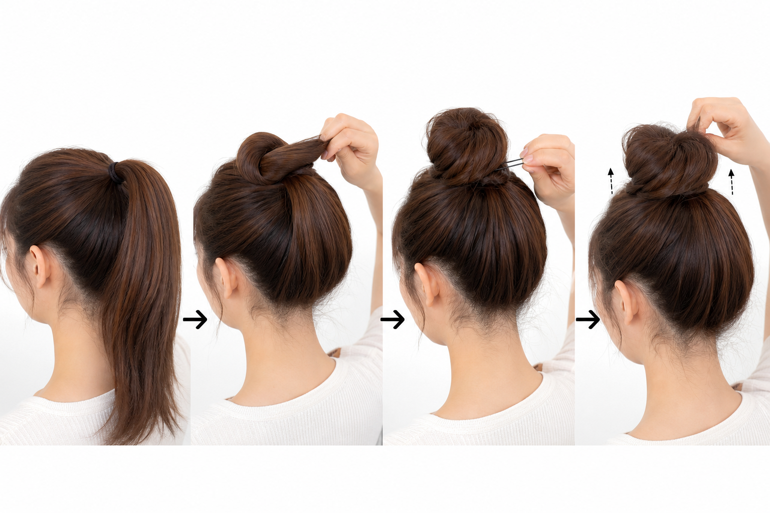Chuỗi bước búi tóc cao phồng đỉnh đầu trên tóc dài, từ buộc gọn đến cuộn búi và cố định bằng tay