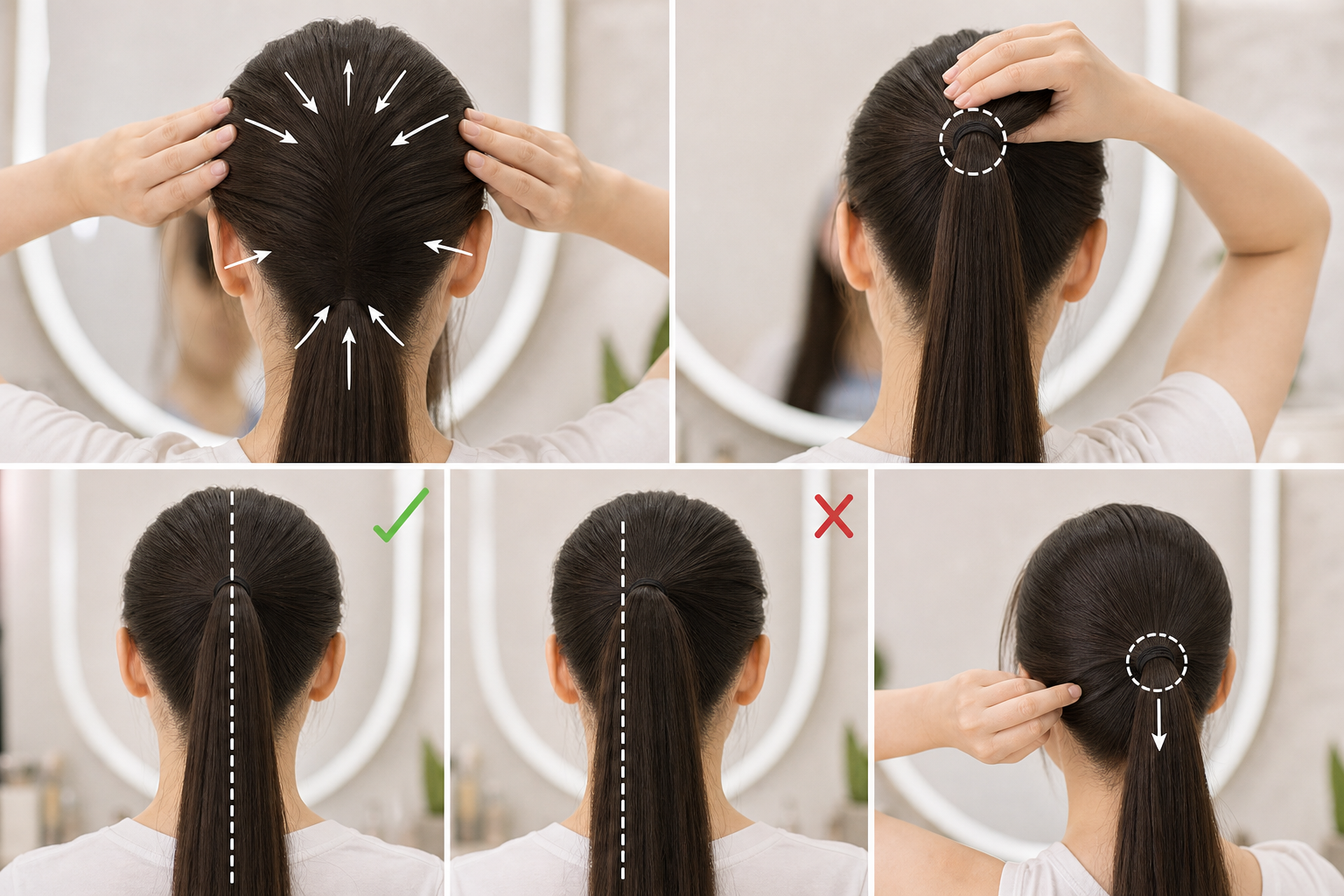 Người phụ nữ đang gom tóc cao phồng đỉnh đầu, tay đặt hai bên đầu để chỉnh vị trí buộc tóc.