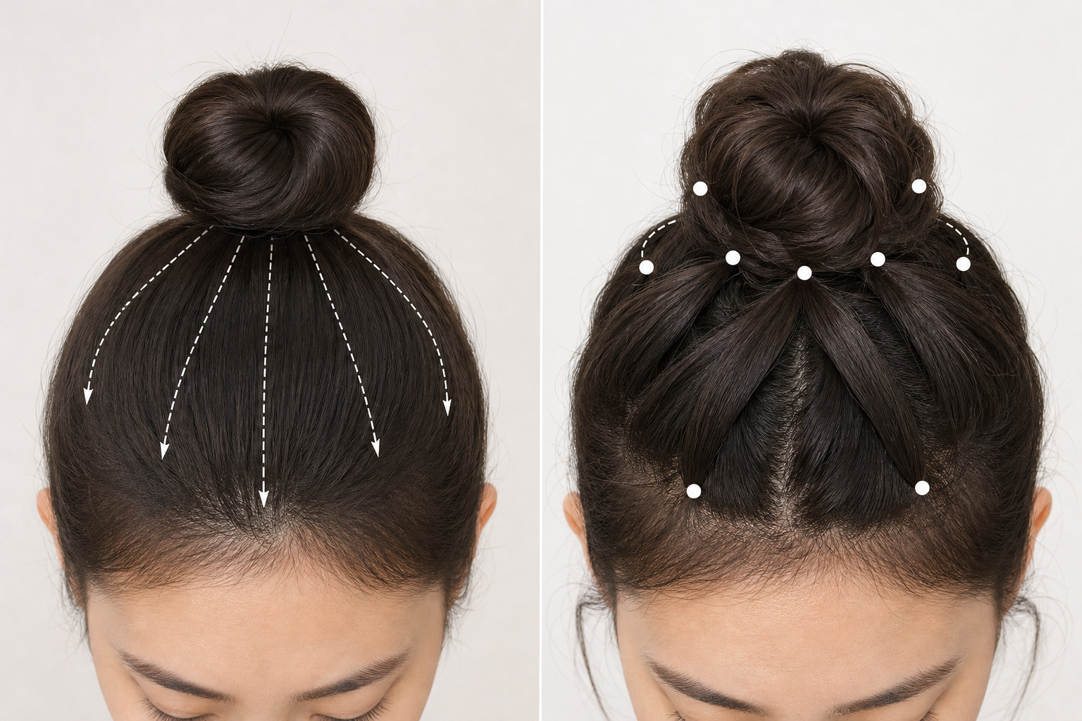 Mái tóc búi cao phồng đỉnh đầu được chia thành nhiều lọn tóc kéo xuống hai bên và phía sau, có mũi tên và chấm đánh dấu