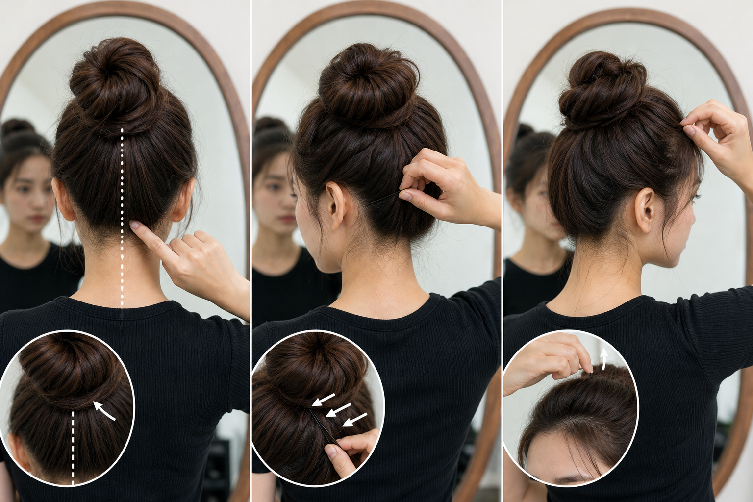 Người phụ nữ búi tóc cao trước gương, tay đang kiểm tra đường ngôi và độ ôm sát phần tóc sau gáy.