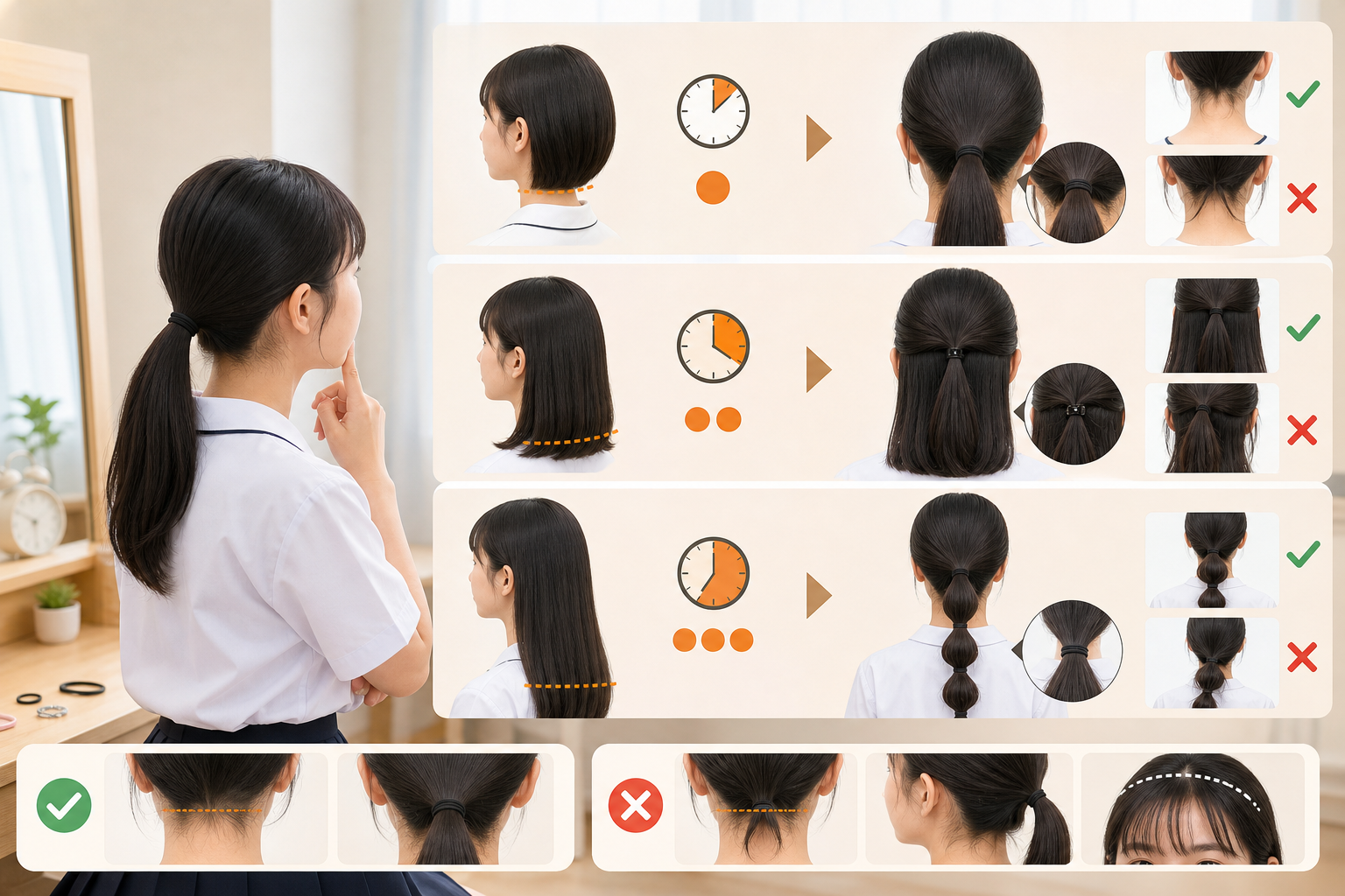 Cô gái tóc đen buộc đuôi ngựa thấp, bên cạnh các ô hướng dẫn cách buộc tóc đẹp để đi học theo độ dài tóc và thời gian
